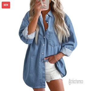 Denim Button Down Shirt Women's Casual Blouse Long Sleeve Loose Fit